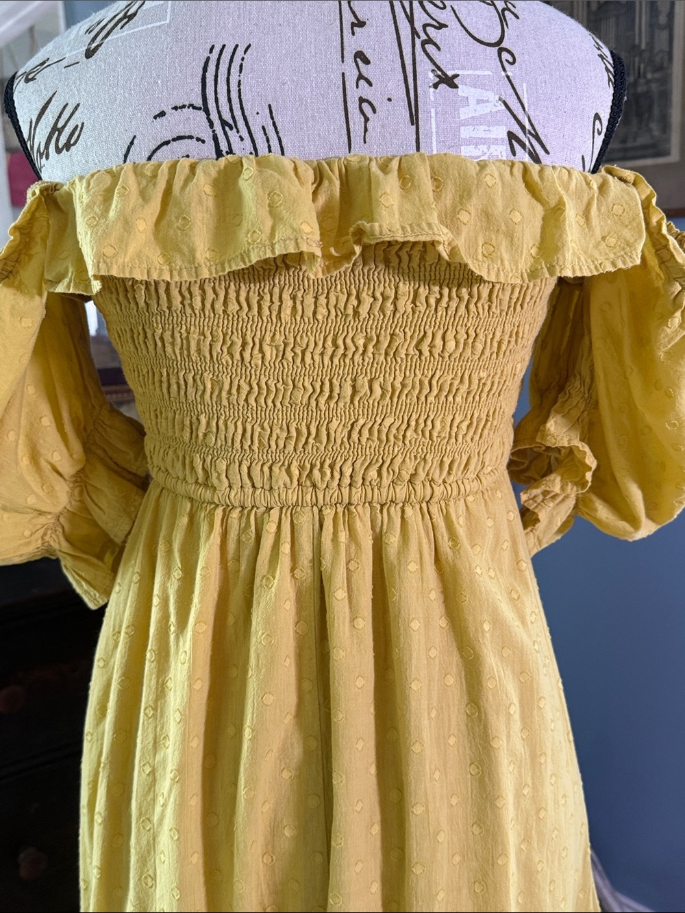 R. Yiposha Yellow Chartreuse Swiss Dot Smocked Puff Sleeve Off Shoulder Dress - Picture 5 of 13